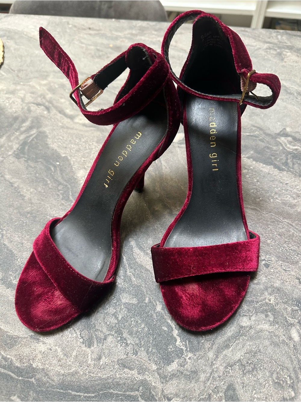 Madden Girl Wine Velvet Ankle Strap Heels